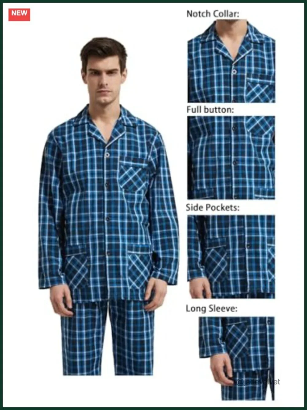Men's 100% Cotton Long Sleeve Pajama Set with Drawstring Waist & Fly